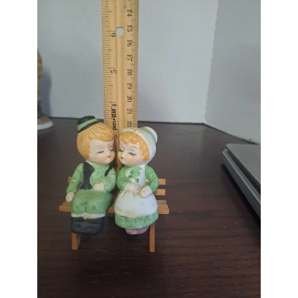 Vintage Saint Patricks Boy And Girl Kissing On Wooden Bench Porcelain Bisque...